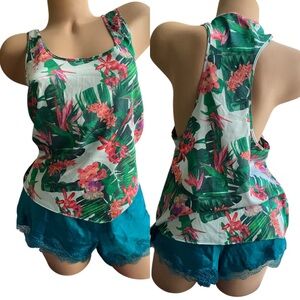 Victoria’s Secret Floral Tropical Tank Top  Teal Shorts Set large New with tag